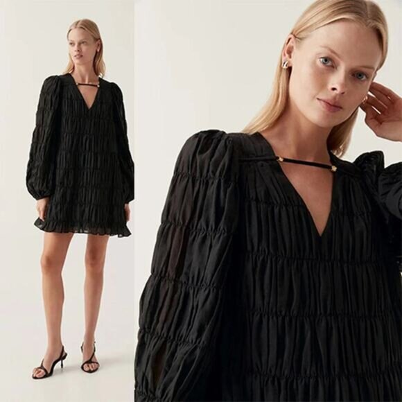 NWT Aje Evelina Ruched Blouson Sleeve V-Neckline Cotton Mini Dress Black Size: 4 - Picture 1 of 8